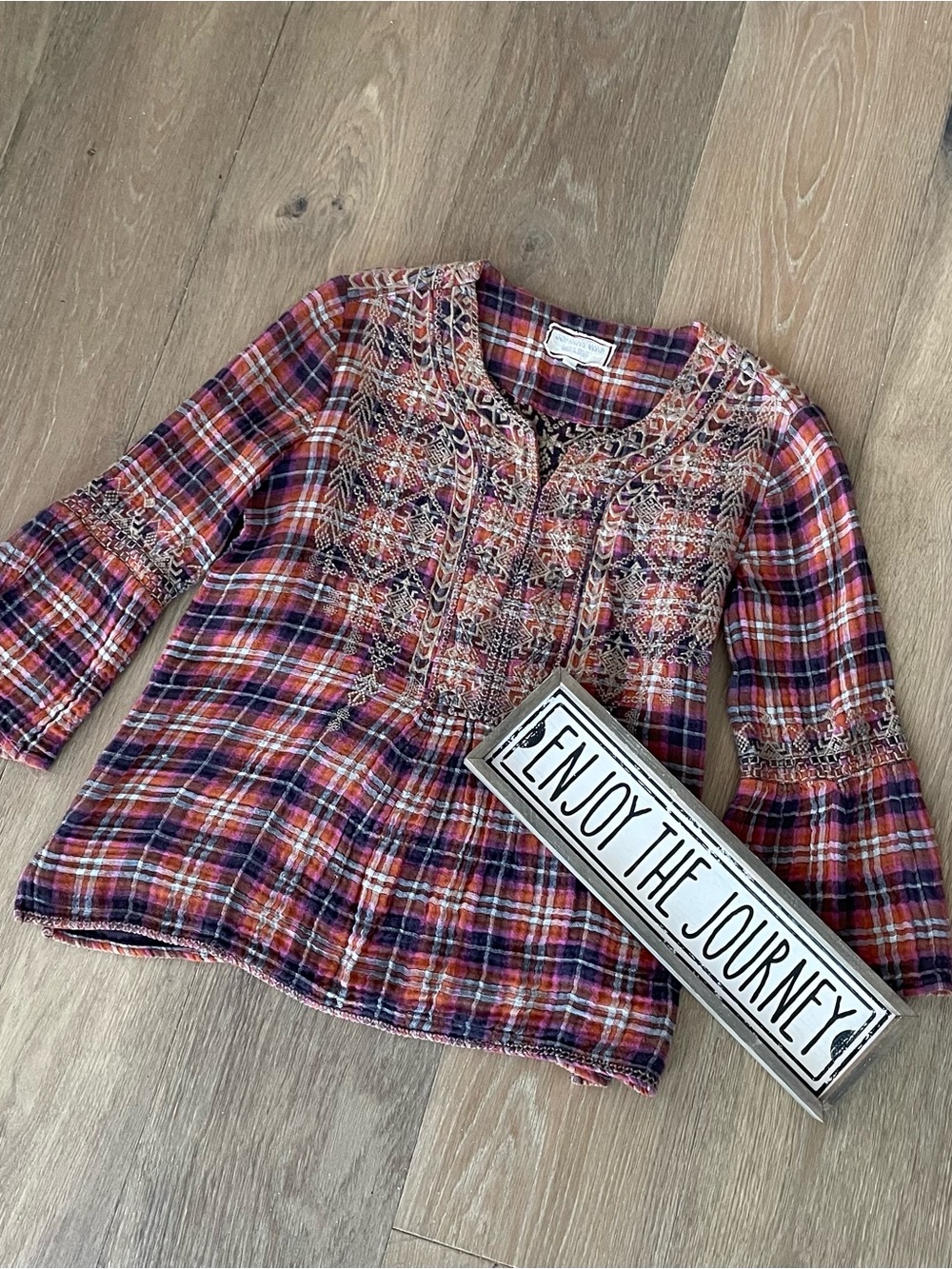 Johnny Was Workshop Bohemian Embroidered Plaid Peasant Top - Pink Multi